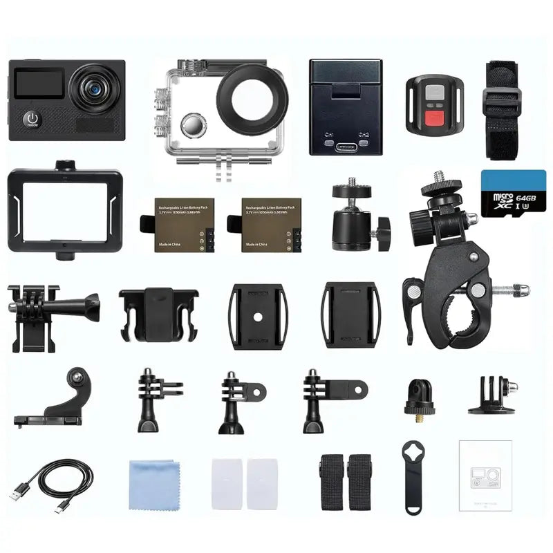 Dual-Screen 4K Action Camera Kit with Waterproof Housing, WiFi, and Mount Accessories