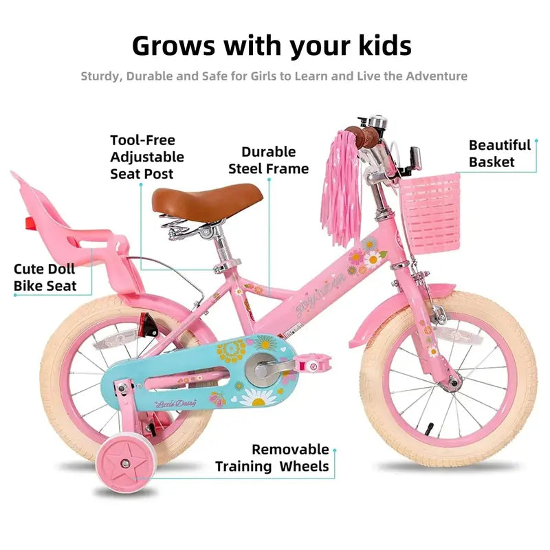 JOYSTAR Little Daisy 14″ Kids’ Bike Stylish Girls’ Cruiser with Training Wheels Option
