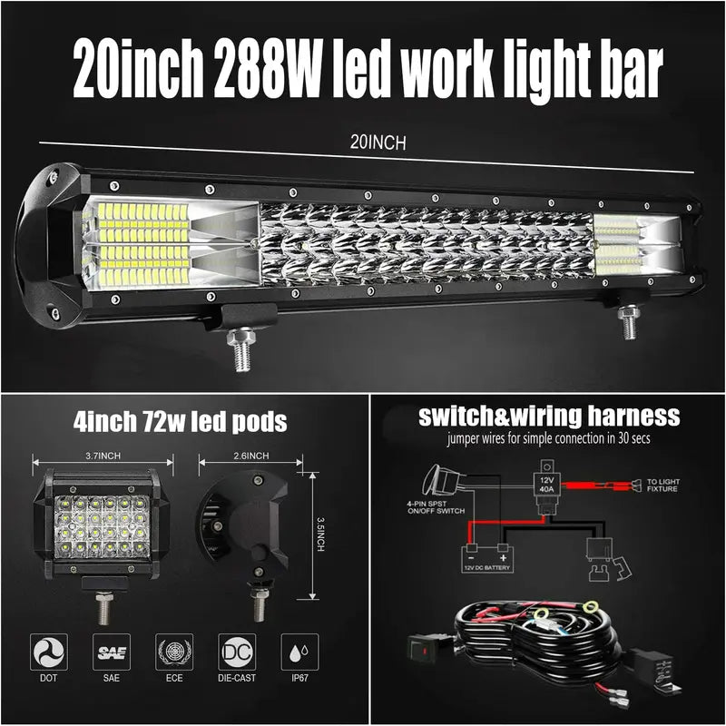 20-Inch Triple-Row LED Light Bar + 4x 72W LED Pods Waterproof Spot/Flood Combo for Off-Road Vehicles & Equipment