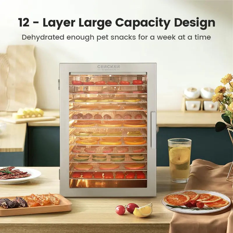 Cercker 12-Tray Food Dehydrator Stainless Steel Racks, Precise Temperature Control for Healthy Snacks