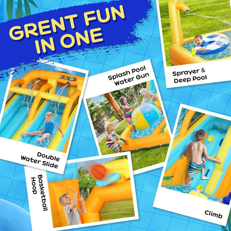 JOYMOR 8-in-1 Inflatable Water Slide Park w/ Splash and Deep Pool, , Climbing Wall, Giant Blow up Bounce House for Kids Backyard Party Age 3-12 (Included 750w Blower), Plastic, Child