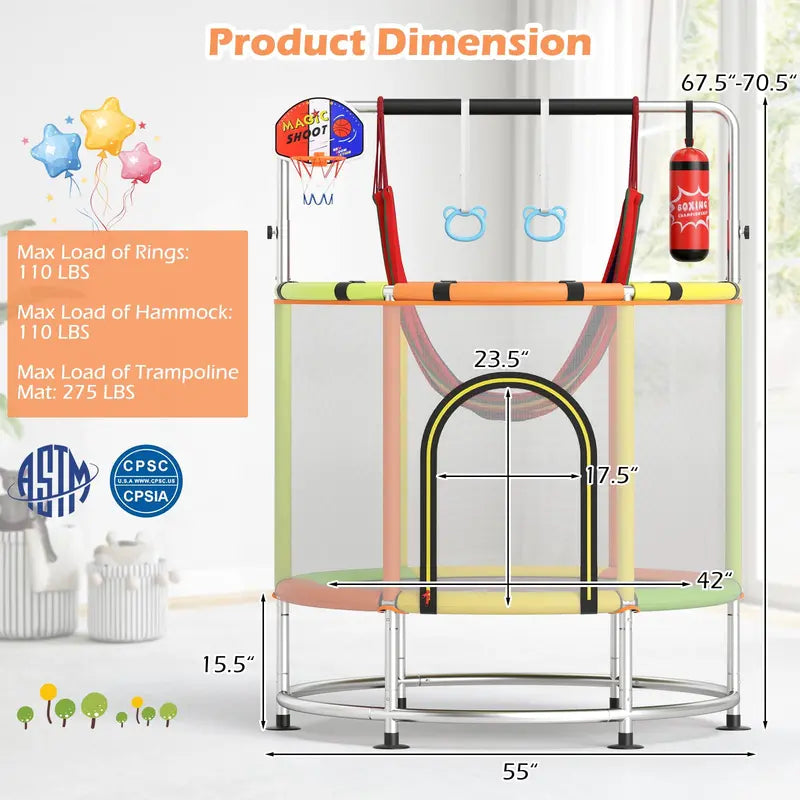 55-Inch Kids’ Mini Trampoline Heavy-Duty Bouncer with Hammock & Enclosed Safety Net