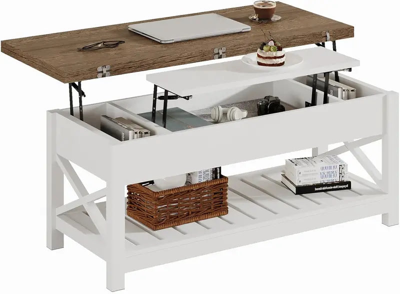 Convertible Coffee Table with Hidden Storage Multi-Function Design Transforms into Dining Table, White & Brown Two-Tone Finish