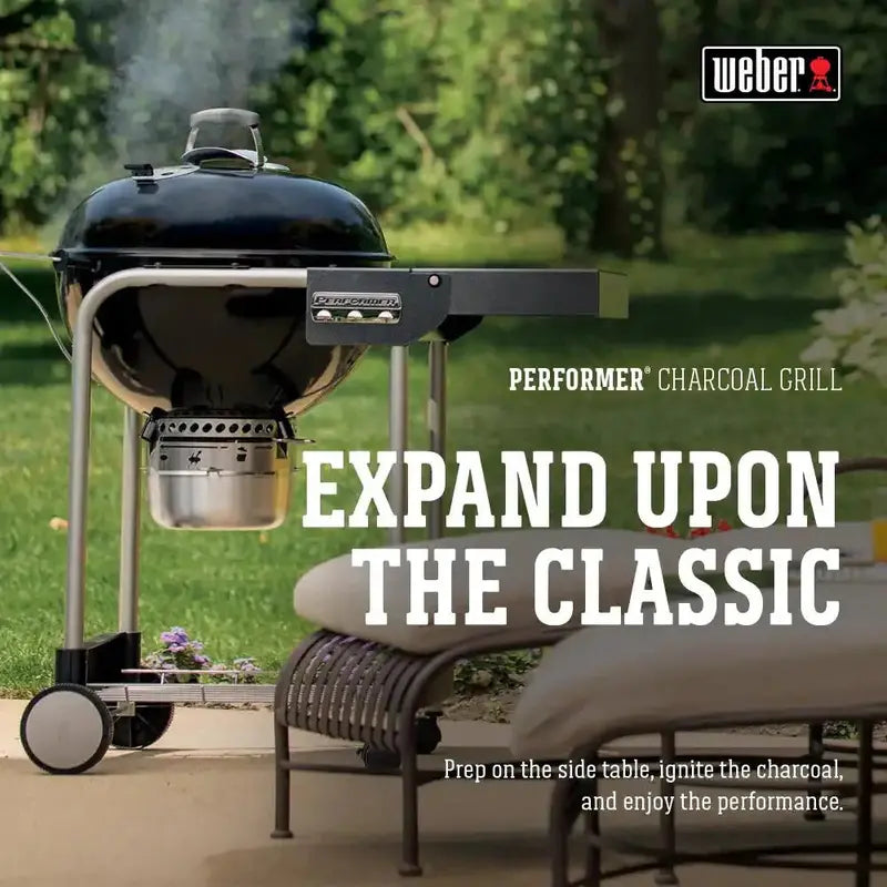 22-Inch Black Charcoal Grill with Built-In Thermometer and Integrated Storage Rack
