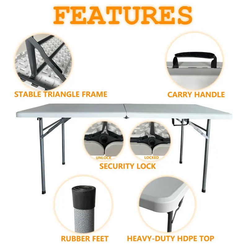 Holaki Outdoor Folding Table 6ft: Portable Plastic Table 6 Foot Heavy Duty Commercial Grade for Picnic Camping Party Indoor