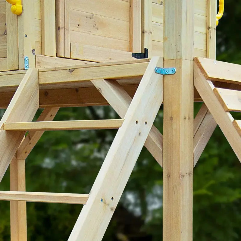 ROVO KIDS Wooden Tower Playhouse Outdoor Cubby House with Slide, Climbing Wall & Sandpit