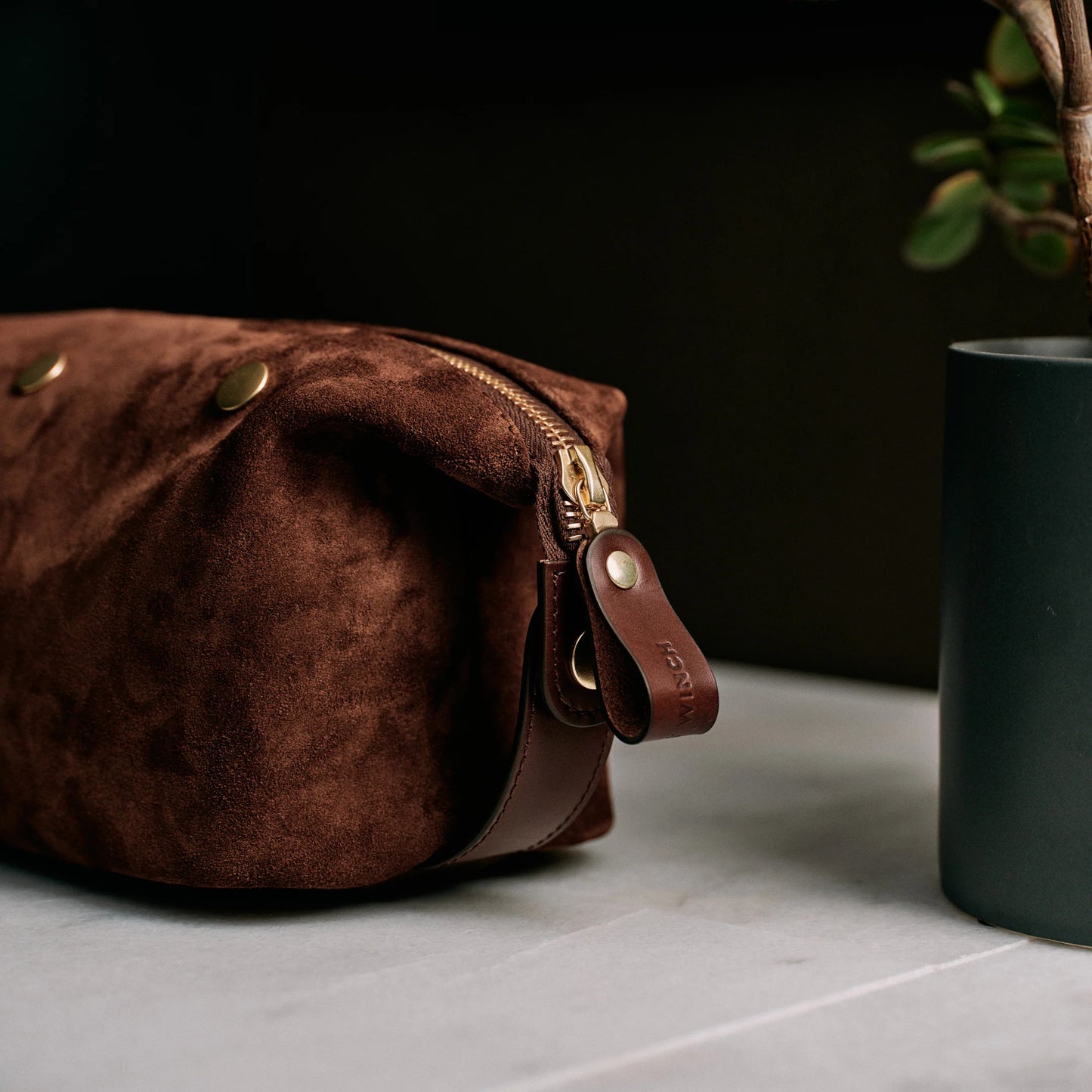 Suede Wash Bag / Dopp Kit - Tobacco Brown