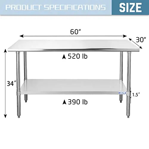 Hally Stainless Steel Table for Prep Work 30 x 60 Inches, NSF Commercial Heavy Duty Table