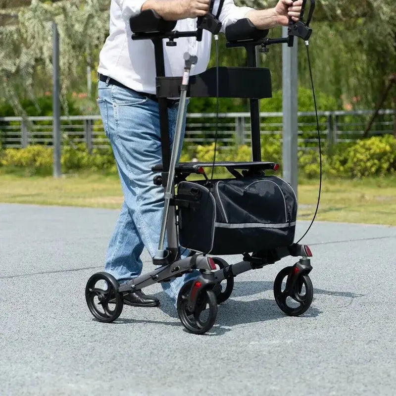 Heavy-Duty Upright Rollator Walker Sturdy Standing Frame with Brakes, Seat, and Storage Bag for Seniors and Mobility Support