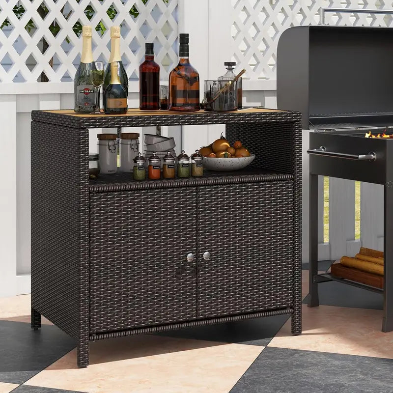 Mixed-Brown Rattan Patio Sideboard Acacia Wood Countertop Buffet with Open Shelf & 2-Door Storage