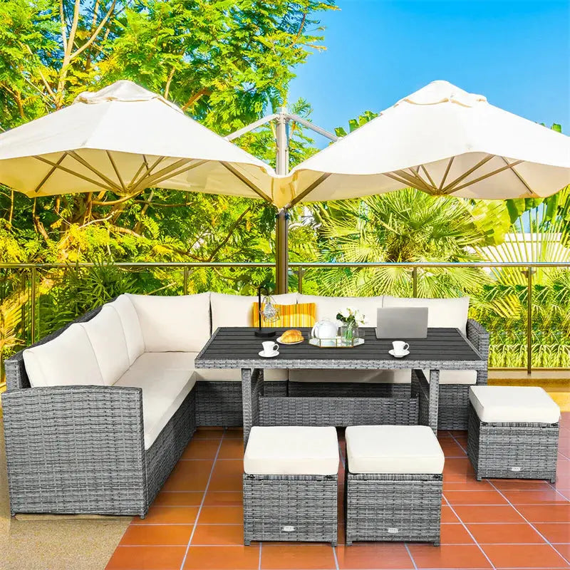 7-Piece Resin Wicker Outdoor Sectional Set Rattan Sofa Group with Dining Table, Ottomans, and Weather-Resistant Cushions