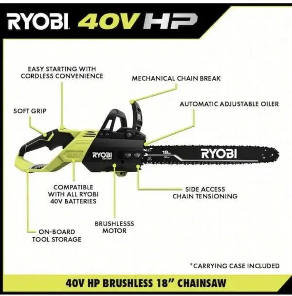 RYOBI 40V 18-Inch Cordless Chainsaw Kit Brushless Motor, Includes Battery and Charger