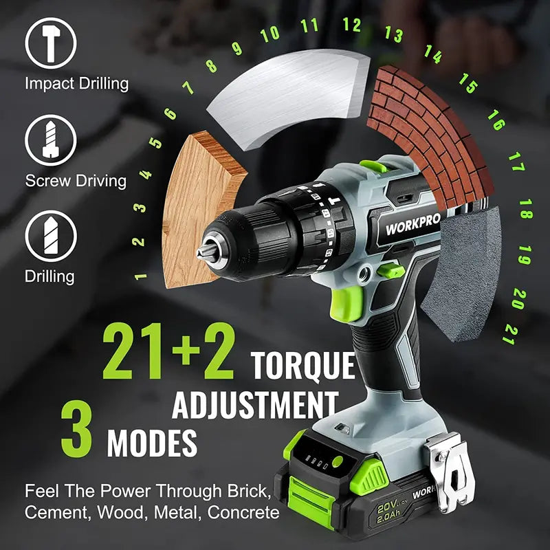 WORKPRO 20V Cordless Drill Driver Kit with 102-Piece Accessory Set, Dual 2.0Ah Batteries & Rapid Charger