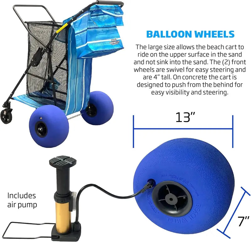 BlueWave Deluxe Beach Cart with Balloon Wheels, Foldable, Holds 4 Chairs & Umbrella, Removable Bag, Blue Striped