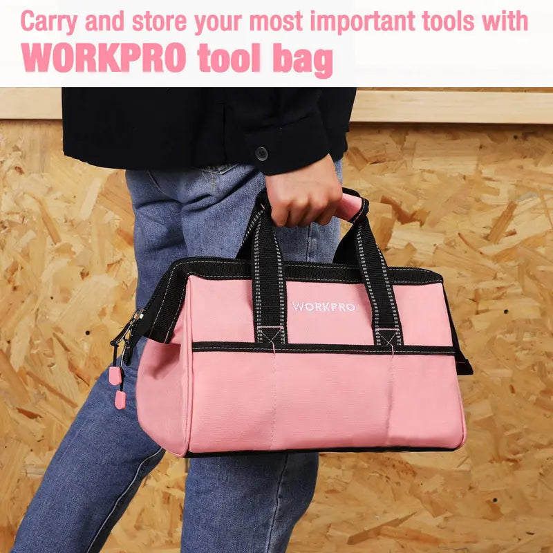 WORKPRO 13-Inch Soft Cloth Tool Bag Lightweight Storage with Pink Ribbon Accents