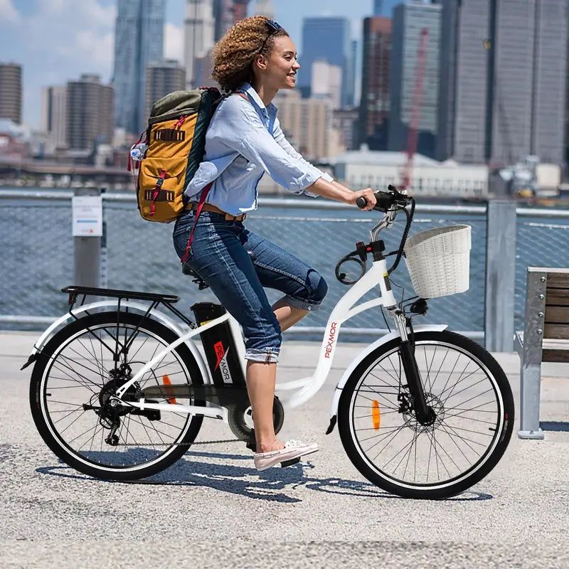 PEXMOR 350W Electric Commuter Bike for Adults, 26″ Cruiser Ebike with 36V 12.5AH Removable Battery, Shimano 6-Speed, Dual Shock Absorber, Basket