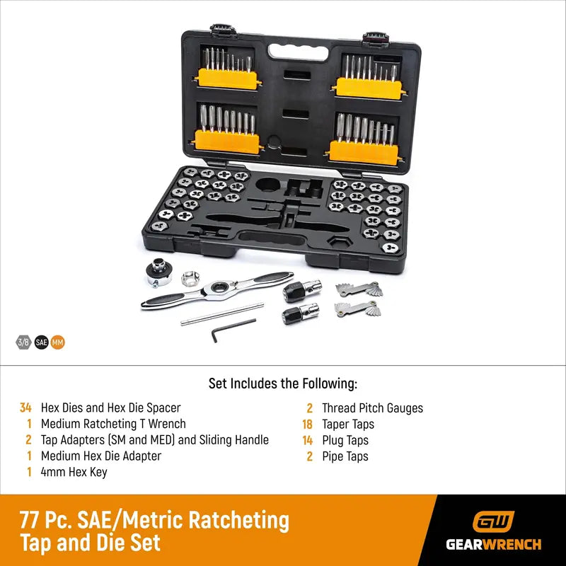GEARWRENCH 77-Piece Ratcheting Tap & Die Set, SAE & Metric, Twist Lock Guide, Easy Operation