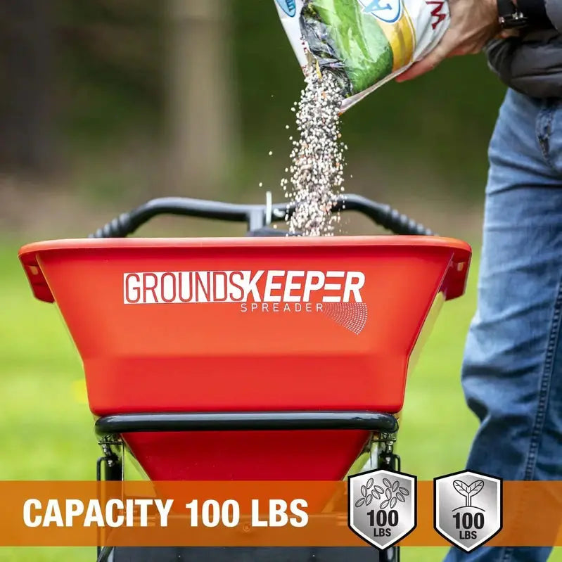 Heavy-Duty Walk-Behind Ice Melt Spreader 100 lb Capacity, Enclosed Gearbox, Grate & Cover Included
