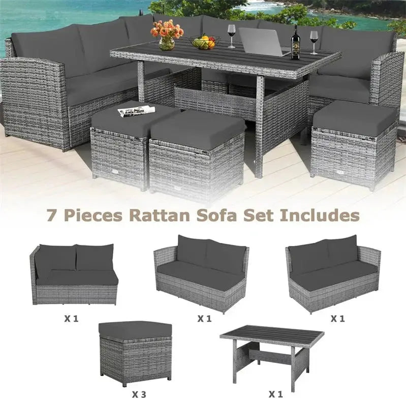 7-Piece Rattan Patio Dining Set Sectional Sofa, Table, Ottomans & Cushions