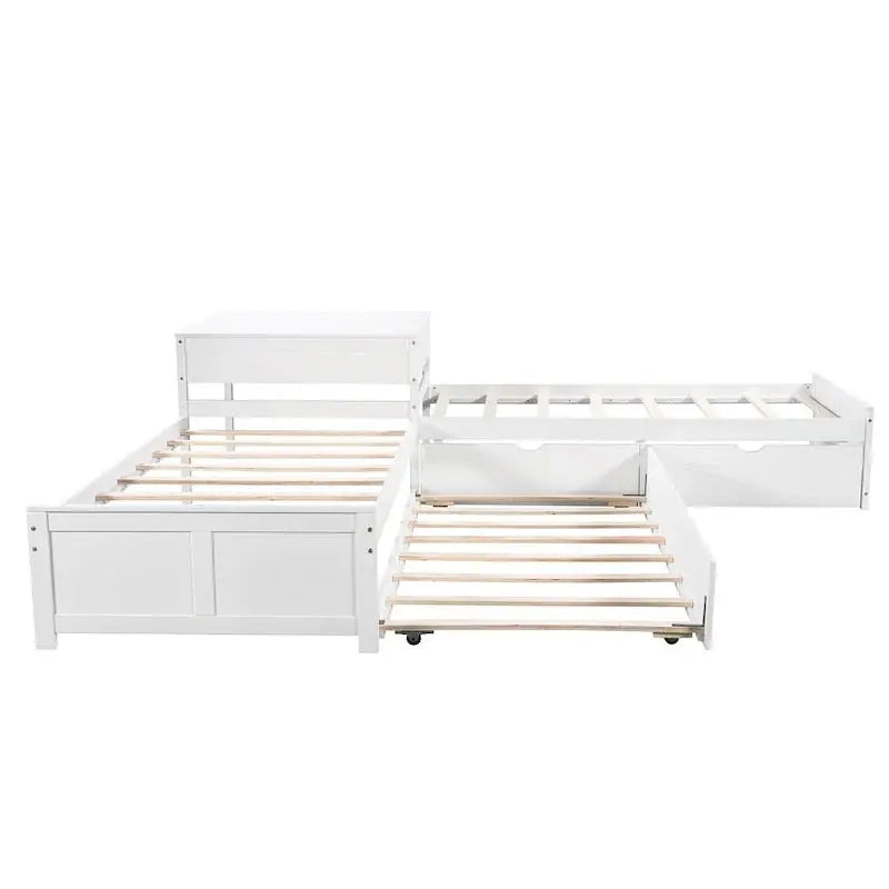 Contemporary White L-Shaped Twin Platform Bed with Built-in Trundle and Storage Drawers