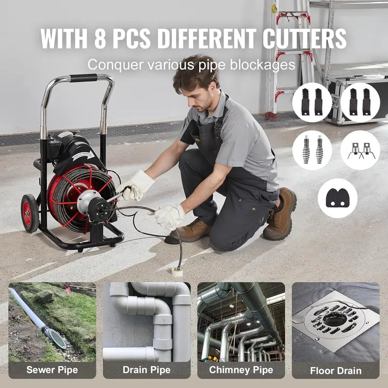 100-Foot Drain Cleaning Machine Motorized Sewer Snake with Auto-Feed, 8 Cutters, and Foot-Controlled Operation