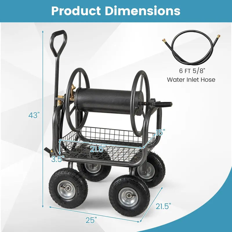 Heavy-Duty Hose Reel Cart with Integrated Storage Basket Supports 300 Feet of 5/8-Inch Garden Hose