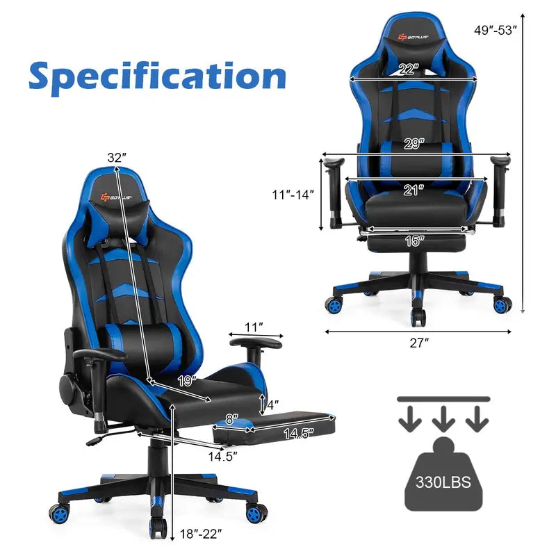 Ergonomic Massage Gaming Chair with Reclining Backrest, Adjustable Seat Height, and Contoured Handrails