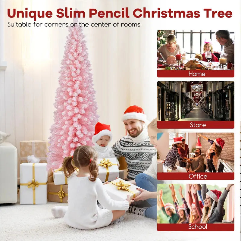 6 ft Pink Slim Pencil Christmas Tree Unlit Skinny Artificial Xmas Tree with 460 Branch Tips