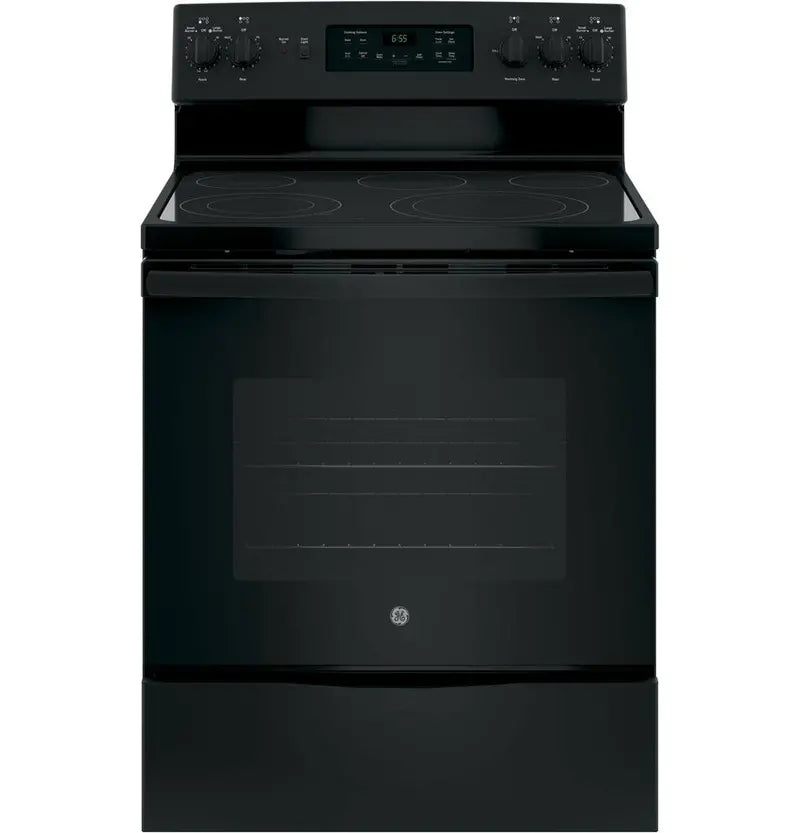 GE 30-Inch Black Freestanding Electric Range with Dual-Element Cooktop and Self-Cleaning Convection Oven