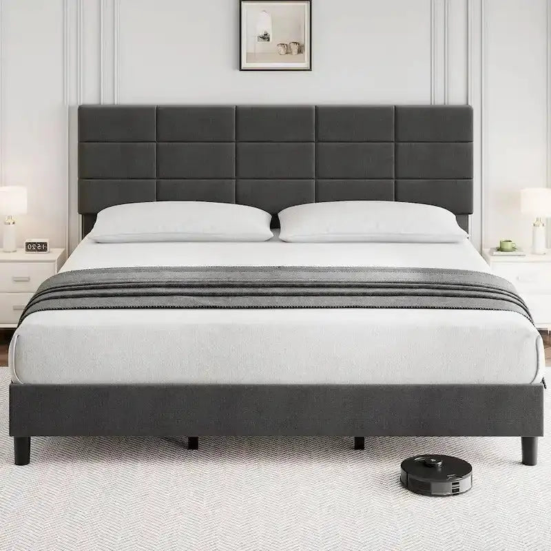 Linen-Finished Platform Bed Frame with Solid Wood Slats and Supportive Base