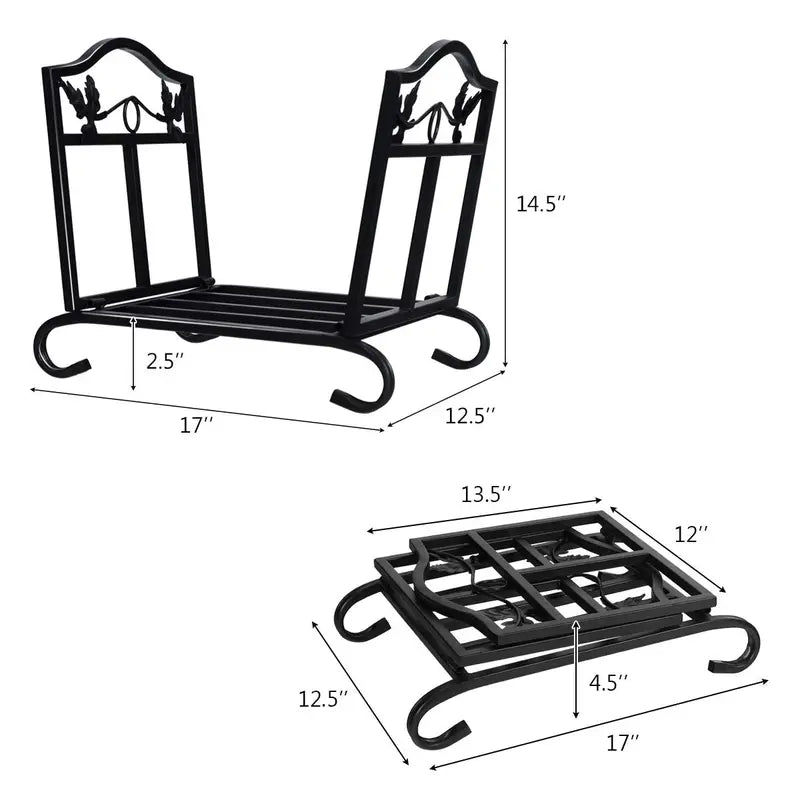 Collapsible Wrought Iron Firewood Rack for Indoor or Outdoor Storage