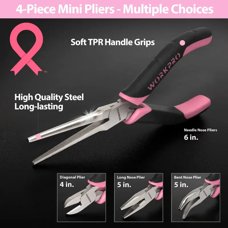 WORKPRO 33-Piece Precision Repair Tool Kit with Pliers Pink Ribbon Edition