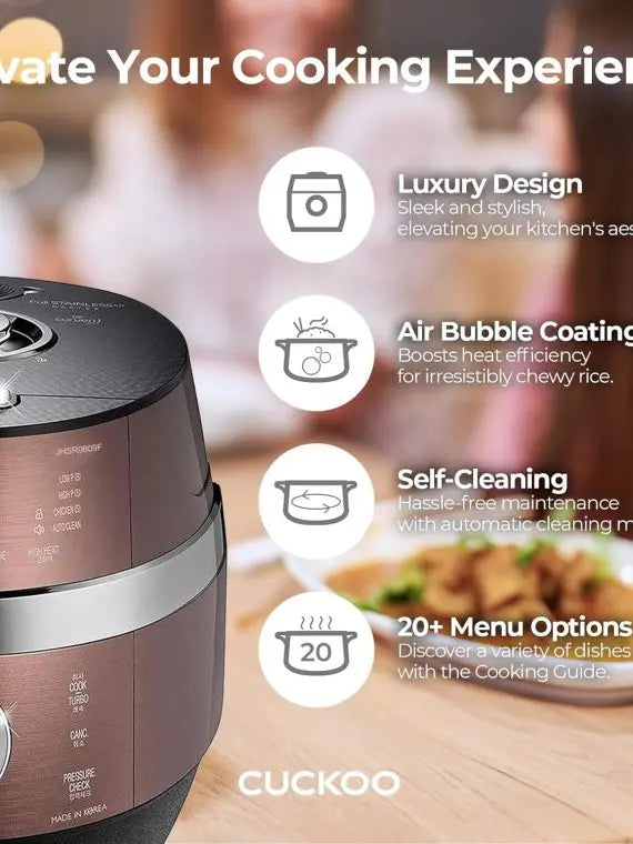 BrandName Induction Heating Pressure Rice Cooker, 6-Cup Uncooked Capacity, 13 Menu Options, Auto-Clean, Voice Guide