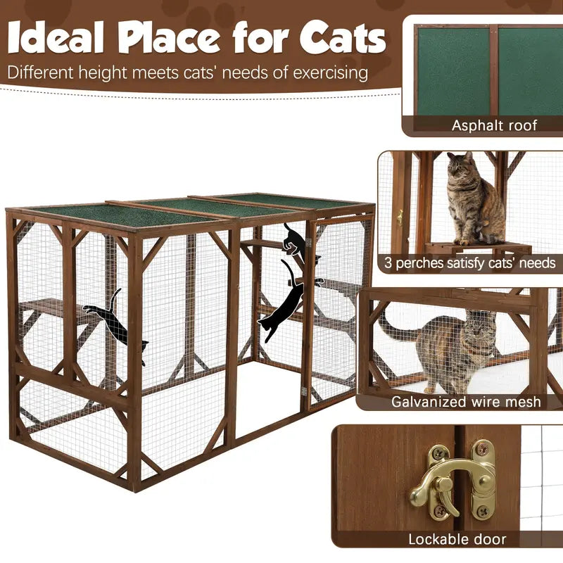 Coziwow Outdoor Cat House Enclosure Pet Cage Catio W/ Asphalt Roof, 3 Platforms, Gray