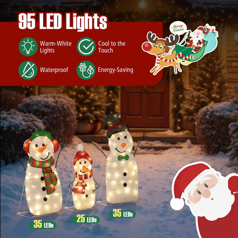 Lighted Snowman Family Set Flat-Style Pre-Illuminated Christmas Decor with Classic Winter Charm