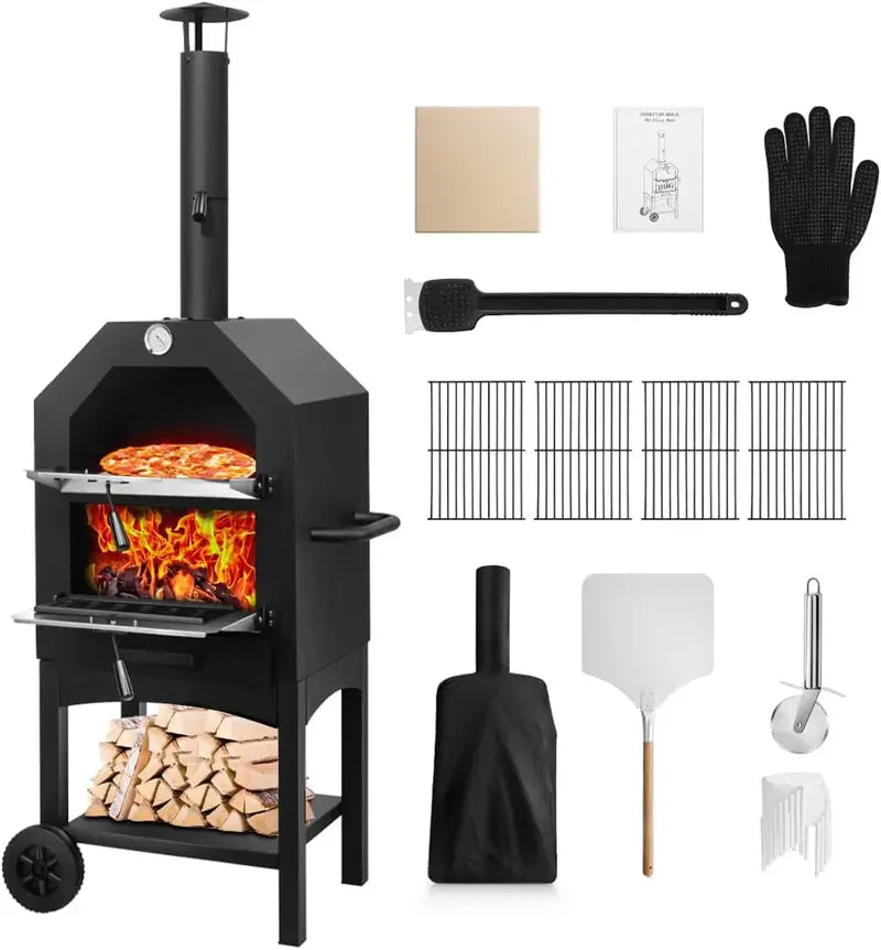 EDOSTORY Wood-Fired Outdoor Pizza Oven Includes Stone Peel, Grill Rack, and Patio-Ready Design