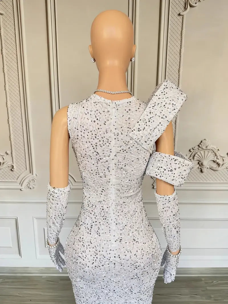 White Sequined Mermaid Formal Gown Featuring Deep V-Neck and Asymmetrical Shoulder Design