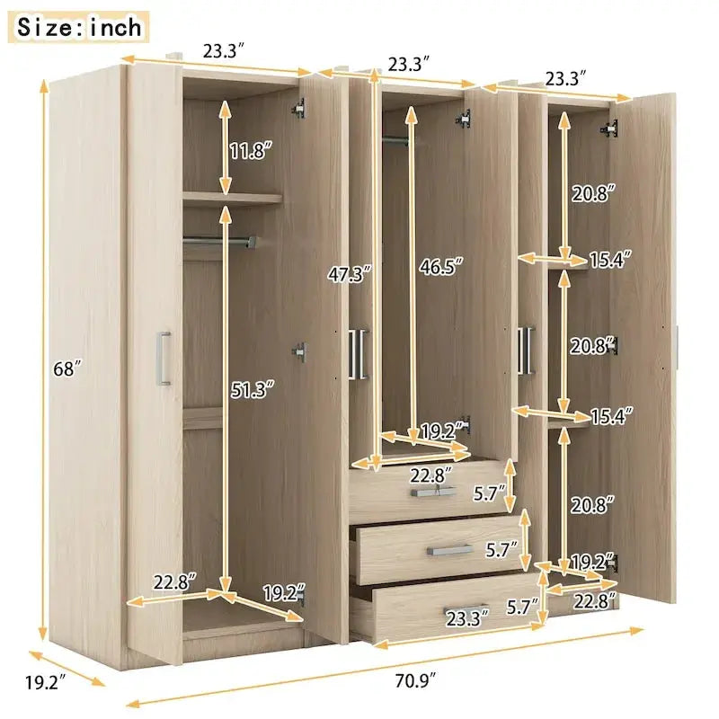 6-Door Wooden Bedroom Wardrobe Spacious Storage Unit with 3 Large Bottom Drawers