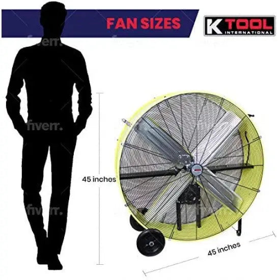K Tool International 42-Inch Industrial Drum Fan Dual-Speed, Safety Yellow, Rubber-Wheeled & Tip-Over Protected
