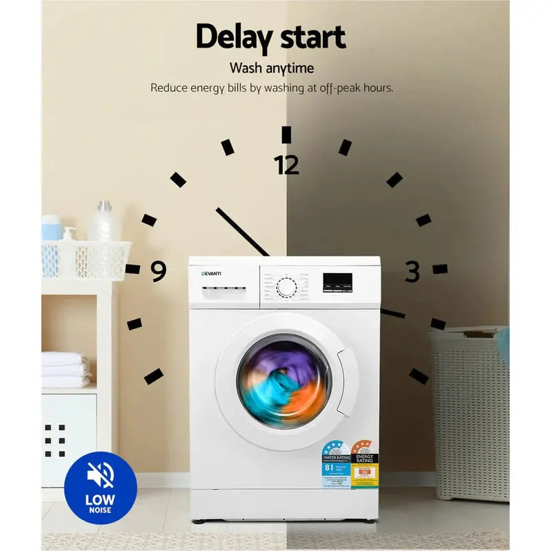 Devanti 8kg Front-Load Washing Machine Quick Wash & 24-Hour Delay Start