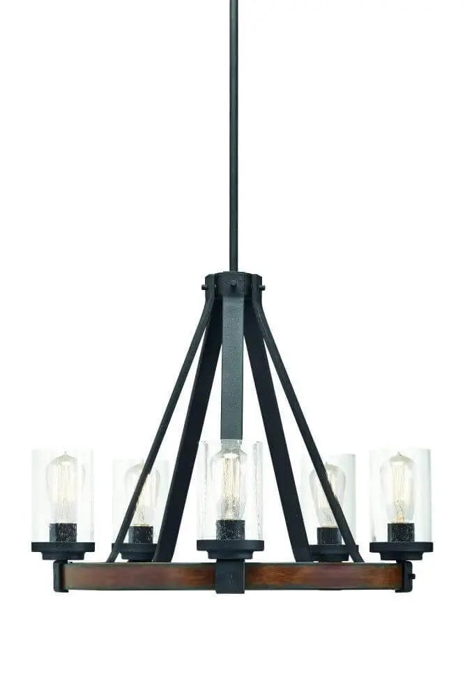 5-Light Rustic Chandelier Distressed Black & Wood-Tone Frame with Clear Glass Candles