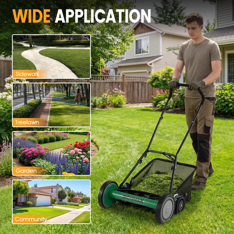 18-Inch Manual Push Reel Lawn Mower with 5-Blade Manganese Steel Cutting System