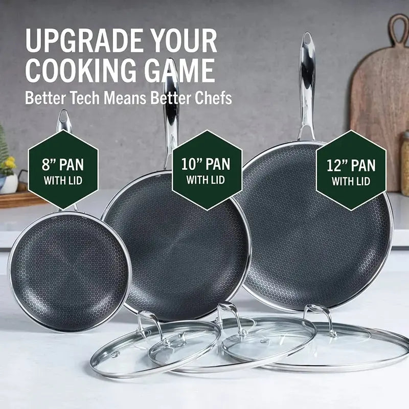 HexClad 6-Piece Hybrid Cookware Set Stainless Steel with Nonstick Ceramic Coating