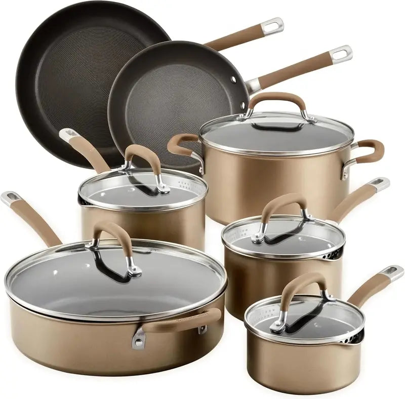 12-Piece Hard-Anodized Nonstick Cookware Set Induction-Compatible Bronze Pots and Pans for Professional-Grade Cooking