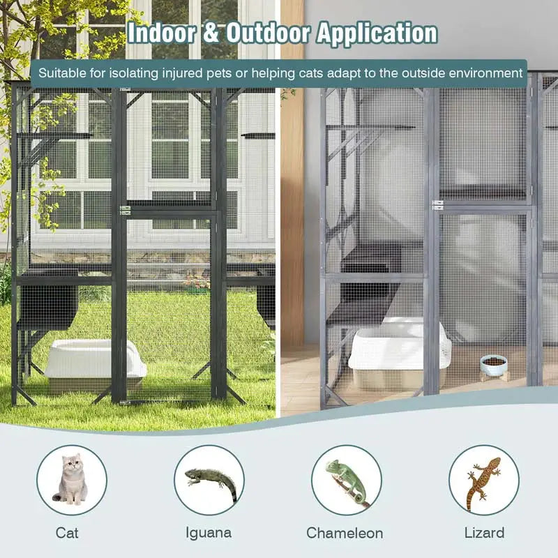71-Inch Outdoor Catio for Cats Walk-In Wooden Kitty Enclosure with 7 Tiered Platforms and Playpen Design