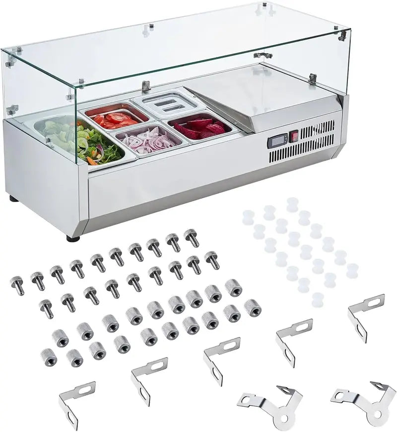 Countertop Refrigerated Condiment Prep Station 135W Sandwich Bar with Stainless Steel Body, Polycarbonate Lid, and 6 Pan Compartments