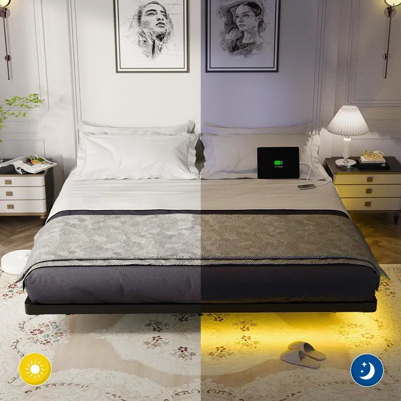 OLEVS Floating Queen Platform Bed — Smart LED Lighting, Sleek Metal Frame & Minimalist Style