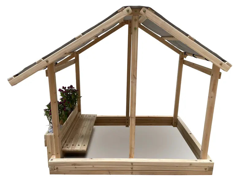 Funphix Dig n’ Play Wooden Sandbox Playhouse with Bench and Flower Planter, Outdoor Sand Pit for Kids