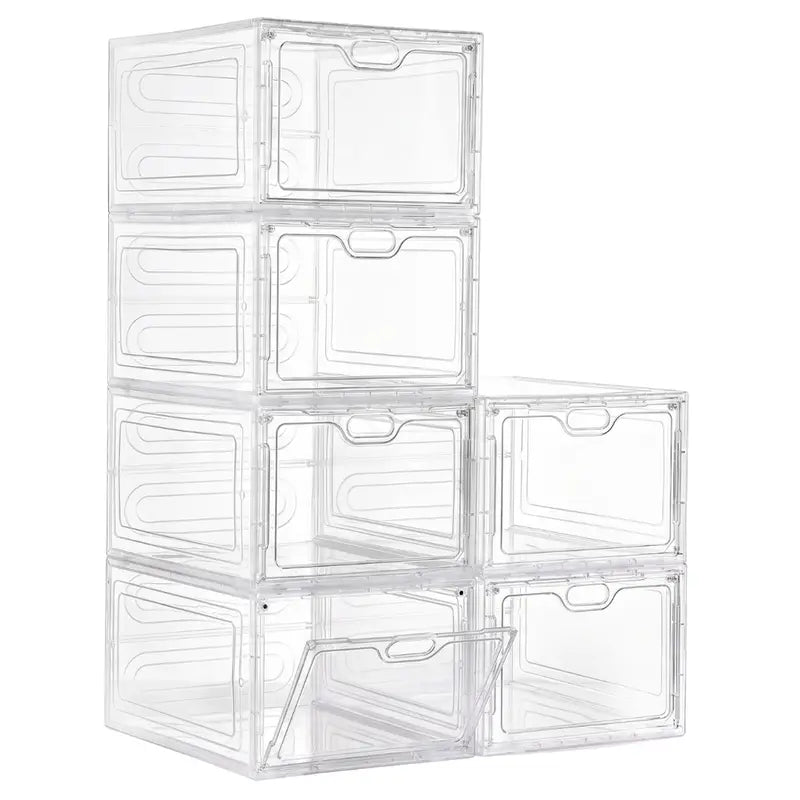 6-Pack Transparent Stackable Shoe Storage Boxes with Secure Magnetic Lids