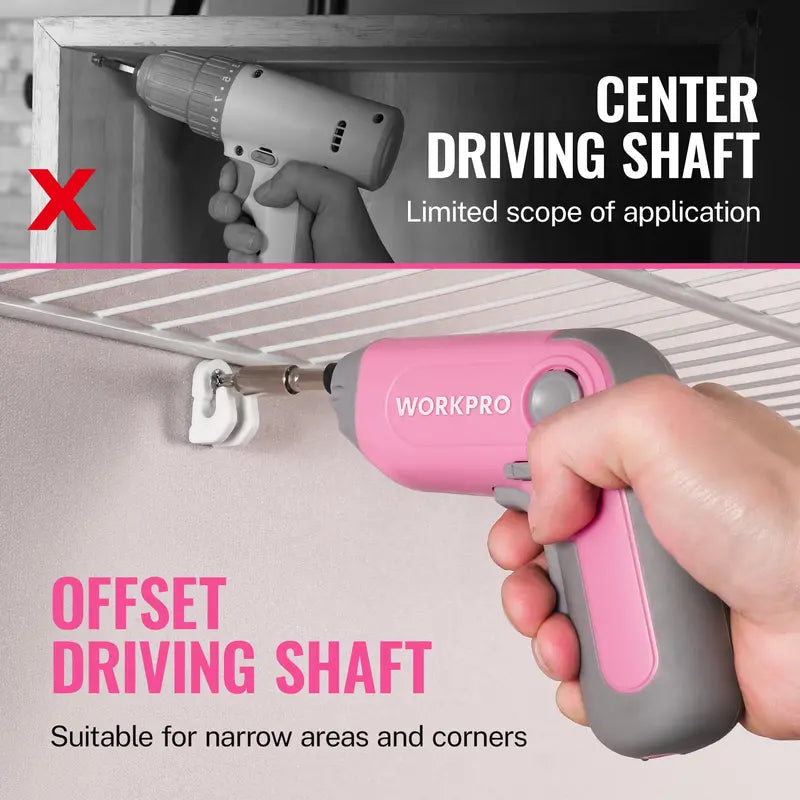 WORKPRO 3.6V Offset-Shaft Cordless Screwdriver 22-Piece Bit Set in Pink Ribbon Packaging